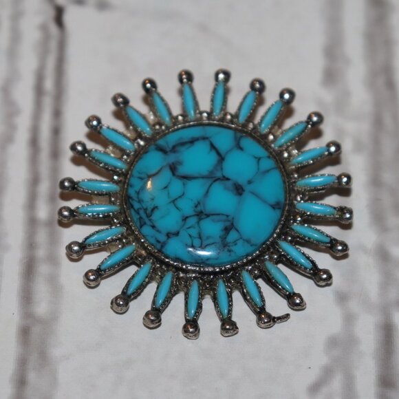 🌵 Vintage Silver & Faux Turquoise Brooch – 2" Wide  💙 - Picture 1 of 4